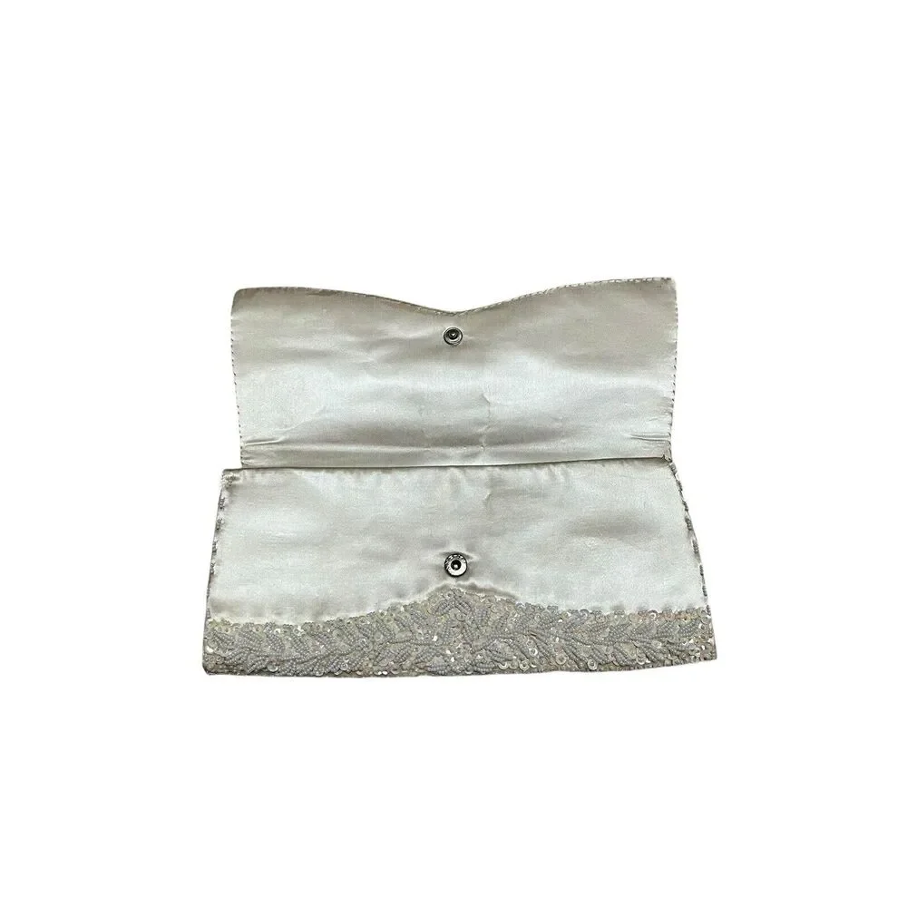 Vintage Cream Satin Beaded Sequin Iridescent Clutch